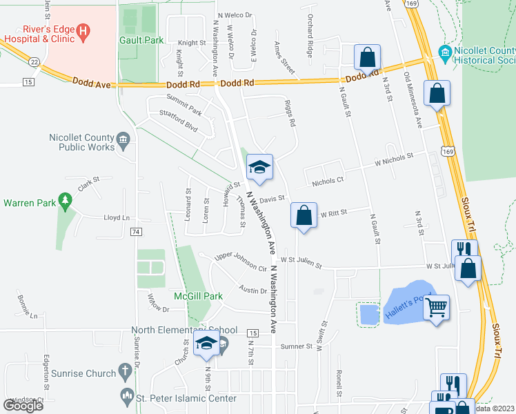 map of restaurants, bars, coffee shops, grocery stores, and more near 1403 North Washington Avenue in Saint Peter