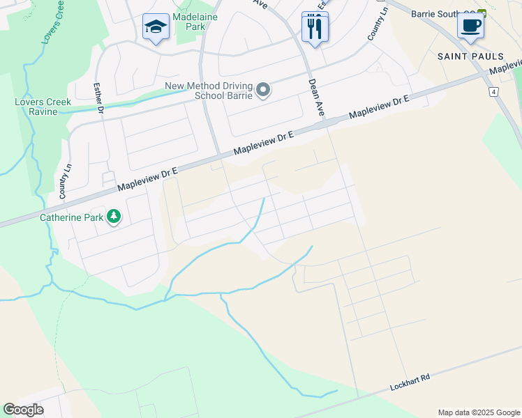 map of restaurants, bars, coffee shops, grocery stores, and more near 608-642 Mapleview Drive East in Barrie