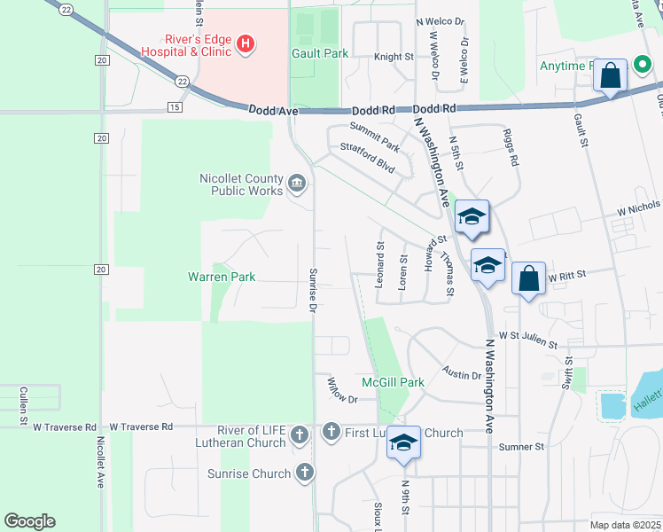 map of restaurants, bars, coffee shops, grocery stores, and more near 1435 Sunrise Drive in Saint Peter