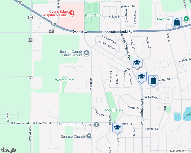 map of restaurants, bars, coffee shops, grocery stores, and more near 1435 Sunrise Drive in Saint Peter