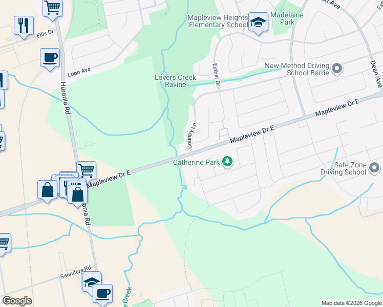 map of restaurants, bars, coffee shops, grocery stores, and more near Mapleview Dr E & Stunden Ln in Barrie