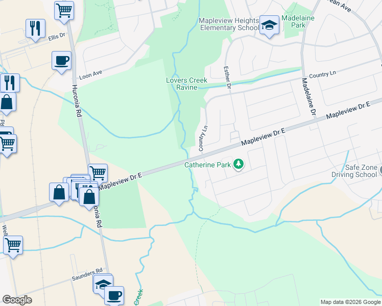 map of restaurants, bars, coffee shops, grocery stores, and more near 386 Mapleview Drive East in Barrie