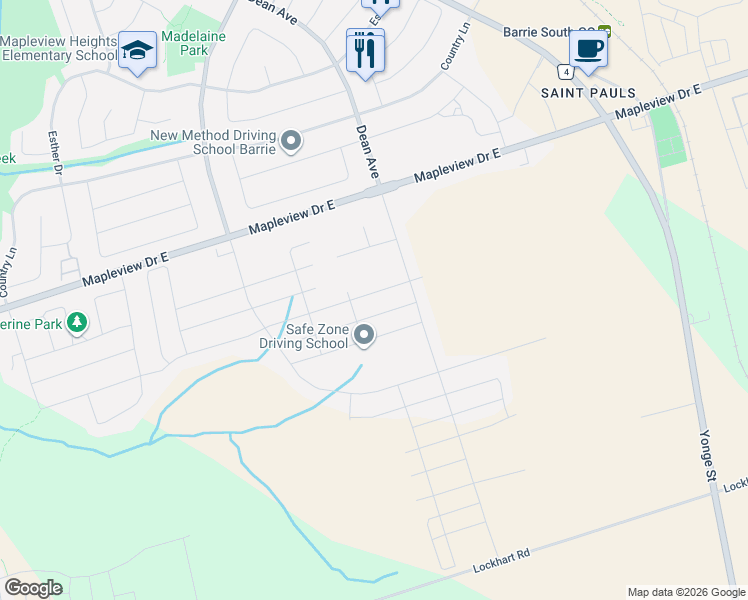 map of restaurants, bars, coffee shops, grocery stores, and more near 142 Shepherd Drive in Barrie