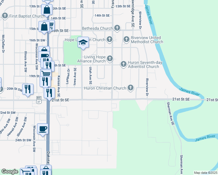 map of restaurants, bars, coffee shops, grocery stores, and more near 485 20th Street Southeast in Huron