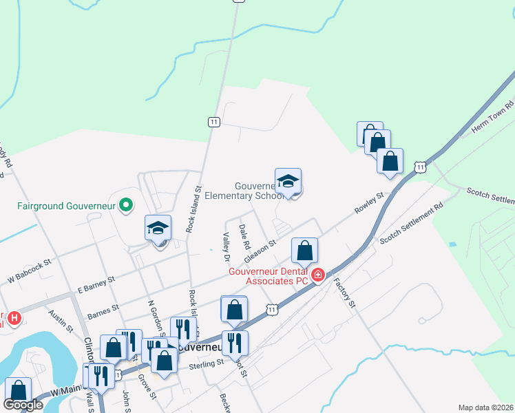 map of restaurants, bars, coffee shops, grocery stores, and more near 50 Birchwood Drive in Gouverneur