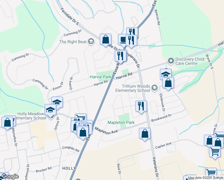 map of restaurants, bars, coffee shops, grocery stores, and more near 484 Essa Road in Barrie