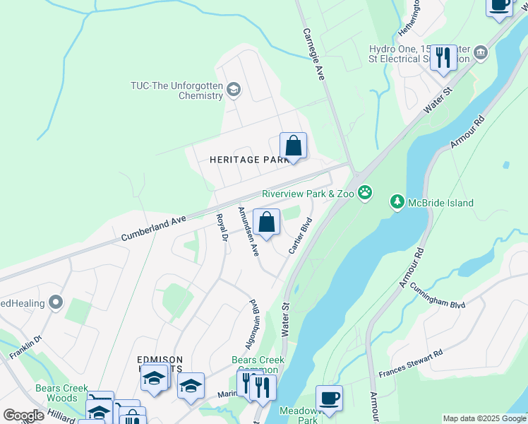 map of restaurants, bars, coffee shops, grocery stores, and more near 533 Montcalm Drive in Peterborough