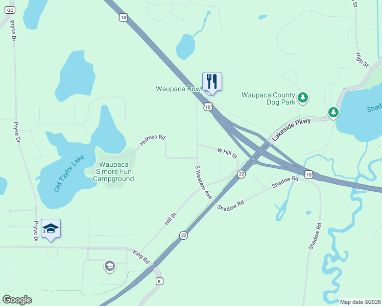 map of restaurants, bars, coffee shops, grocery stores, and more near N2855 South Western Avenue in Waupaca