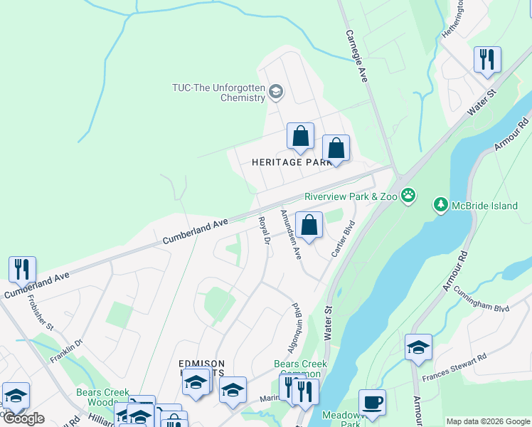 map of restaurants, bars, coffee shops, grocery stores, and more near 1344 Royal Drive in Peterborough