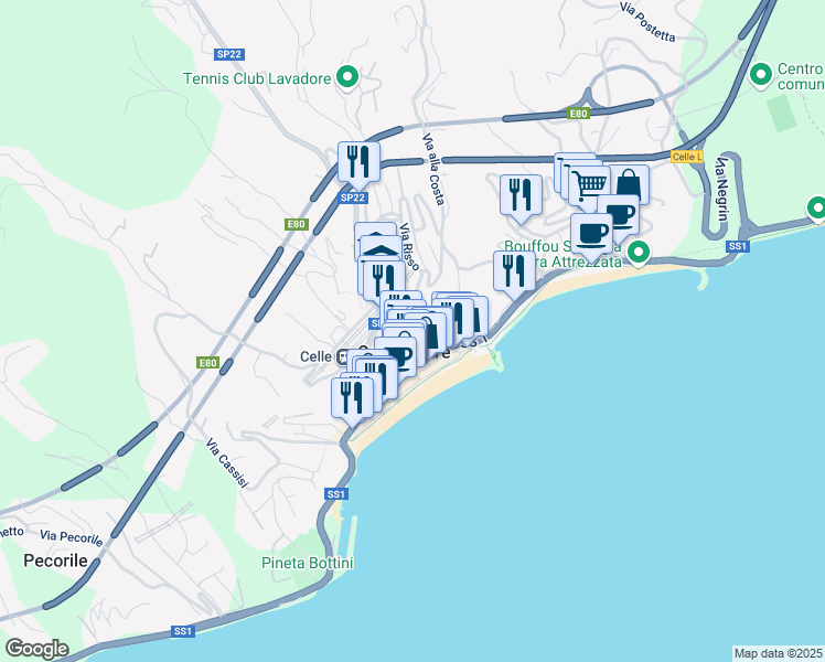 map of restaurants, bars, coffee shops, grocery stores, and more near 40 Via Priva Galileo Galilei in Celle Ligure