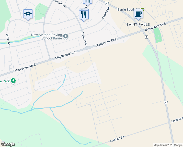 map of restaurants, bars, coffee shops, grocery stores, and more near 561 Mapleview Drive East in Barrie