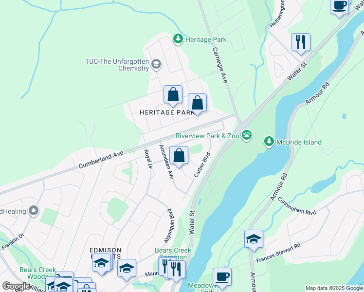 map of restaurants, bars, coffee shops, grocery stores, and more near 533 Montcalm Drive in Peterborough