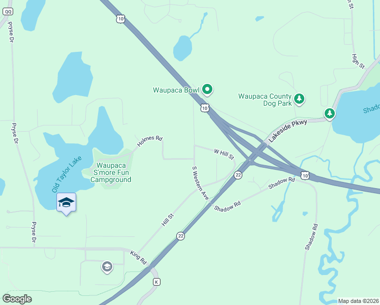 map of restaurants, bars, coffee shops, grocery stores, and more near N2855 South Western Avenue in Waupaca