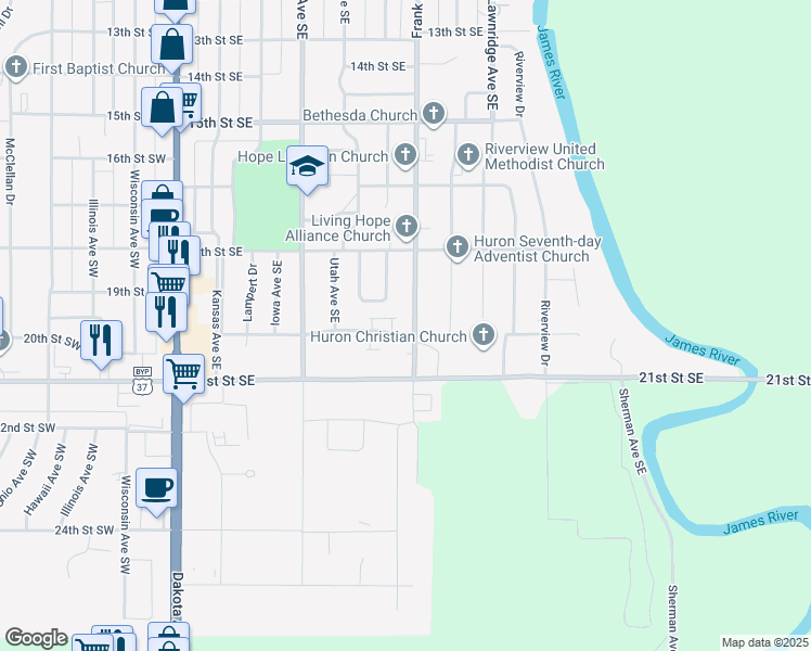 map of restaurants, bars, coffee shops, grocery stores, and more near 485 20th Street Southeast in Huron