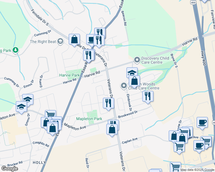 map of restaurants, bars, coffee shops, grocery stores, and more near in Barrie