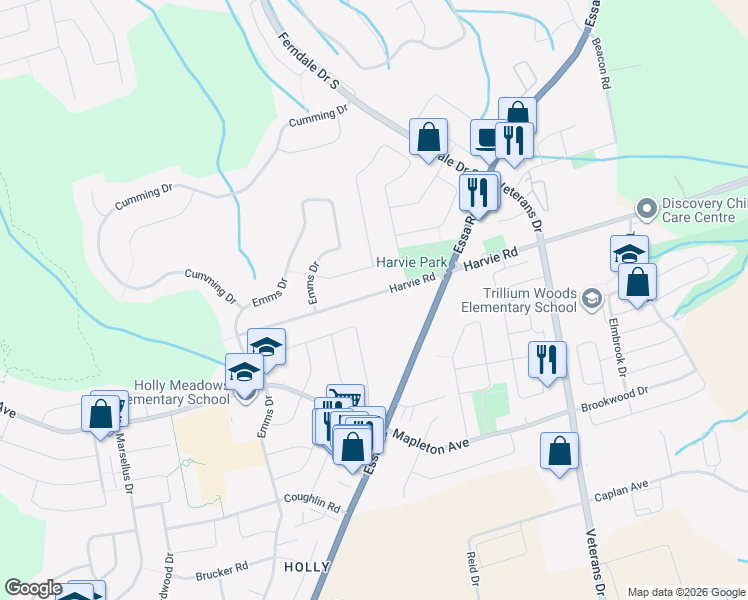 map of restaurants, bars, coffee shops, grocery stores, and more near 275 Harvie Road in Barrie