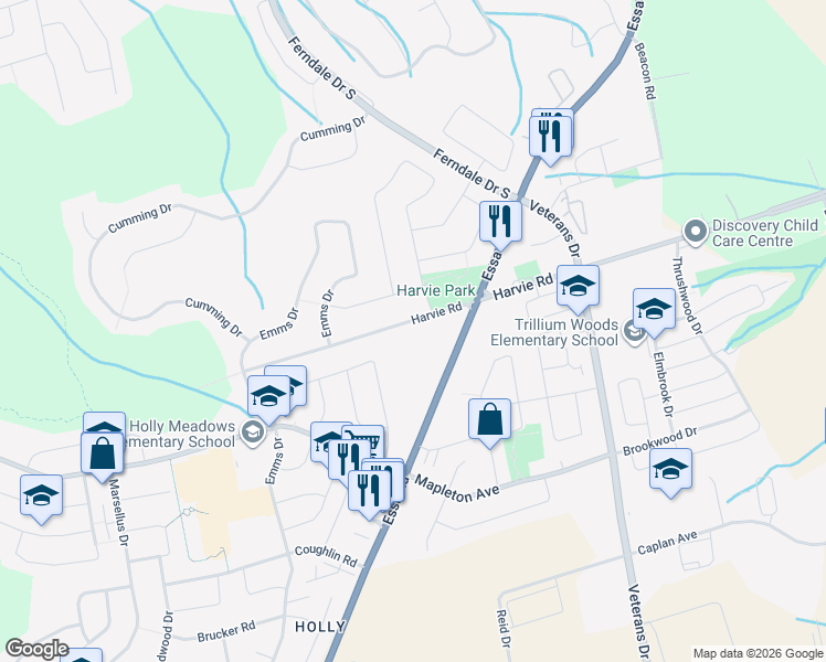 map of restaurants, bars, coffee shops, grocery stores, and more near 275 Harvie Road in Barrie