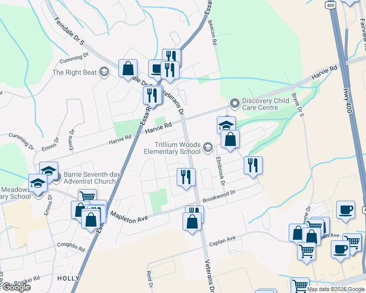 map of restaurants, bars, coffee shops, grocery stores, and more near 426 Veterans Drive in Barrie
