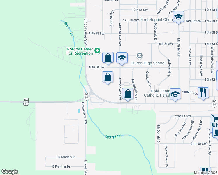map of restaurants, bars, coffee shops, grocery stores, and more near 1000 18th Street Southwest in Huron