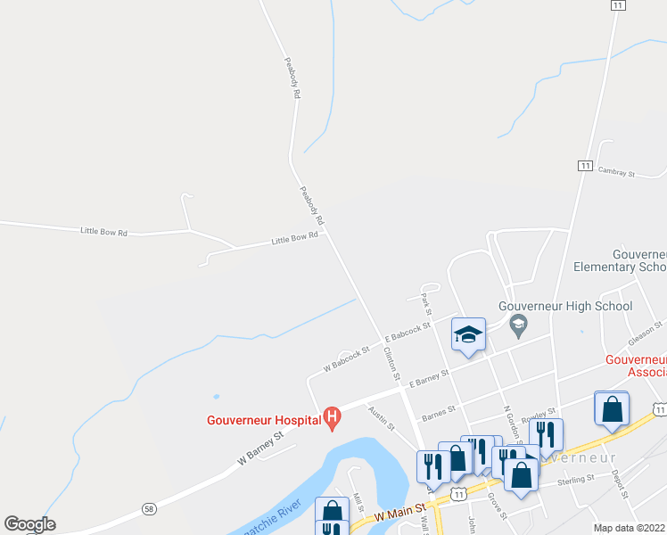 map of restaurants, bars, coffee shops, grocery stores, and more near 257 Clinton Street in Gouverneur