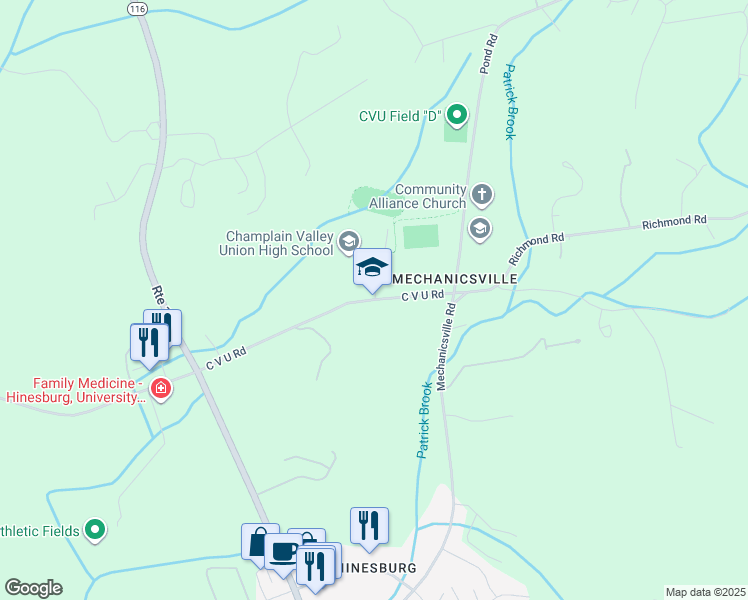 map of restaurants, bars, coffee shops, grocery stores, and more near 396 C V U Road in Hinesburg