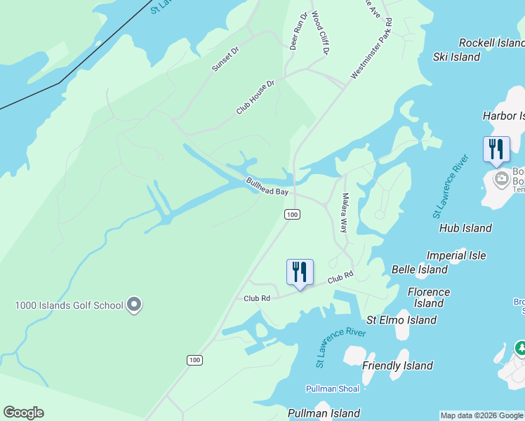 map of restaurants, bars, coffee shops, grocery stores, and more near 21854 Golf Drive in Wellesley Island