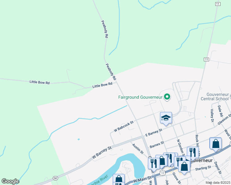 map of restaurants, bars, coffee shops, grocery stores, and more near 257 Clinton Street in Gouverneur