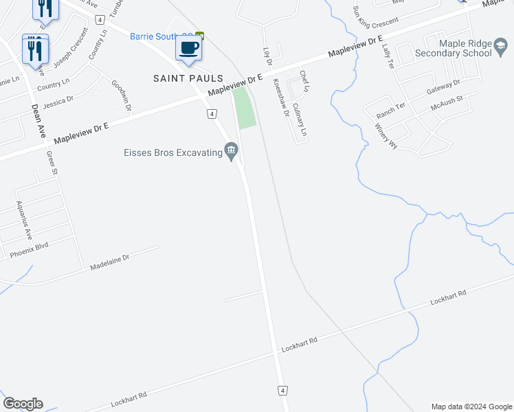 map of restaurants, bars, coffee shops, grocery stores, and more near 953 Yonge Street in Barrie