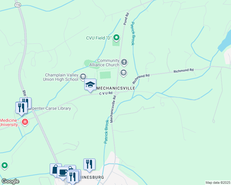 map of restaurants, bars, coffee shops, grocery stores, and more near 2 Richmond Road in Hinesburg