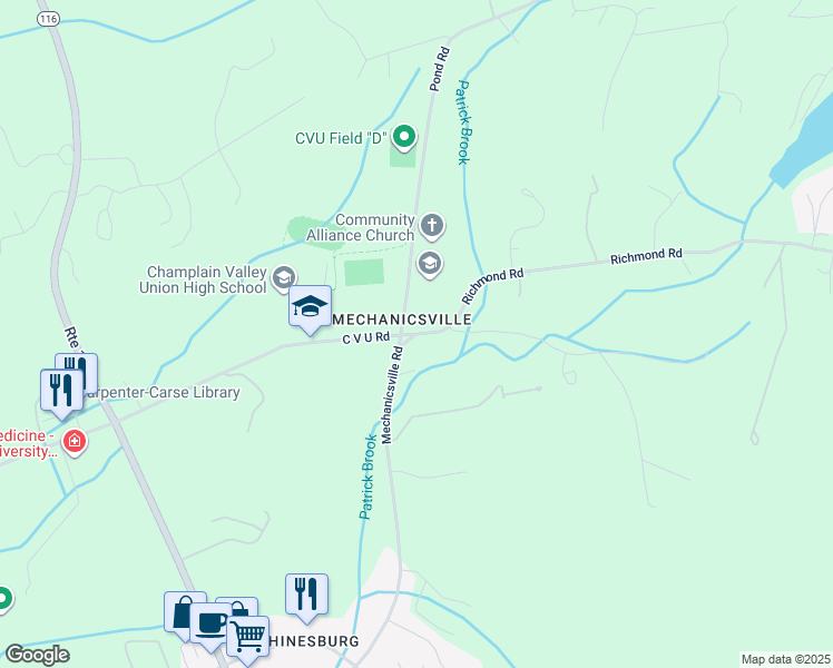 map of restaurants, bars, coffee shops, grocery stores, and more near 2 Richmond Road in Hinesburg