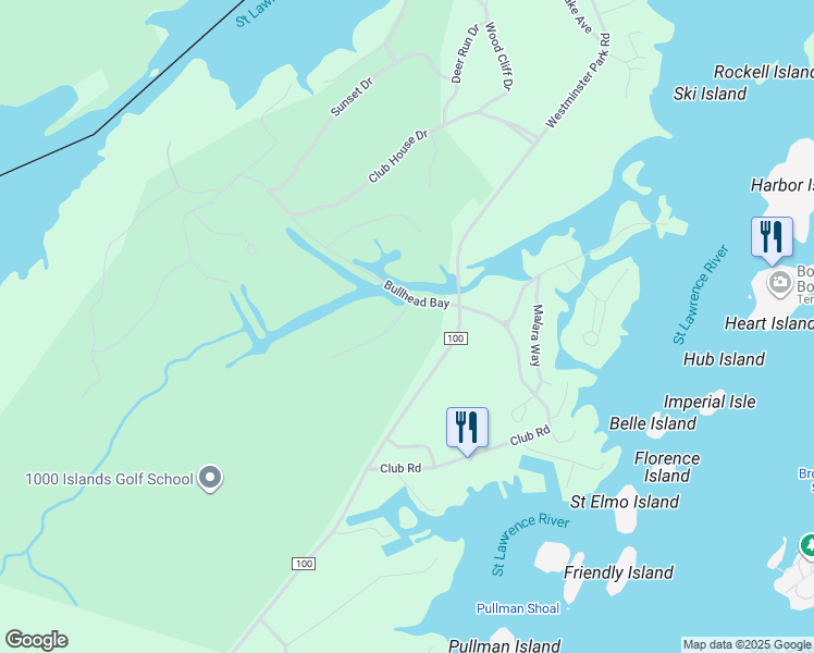 map of restaurants, bars, coffee shops, grocery stores, and more near 21854 Golf Drive in Wellesley Island