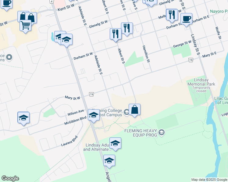 map of restaurants, bars, coffee shops, grocery stores, and more near 125 Mary Street West in Kawartha Lakes