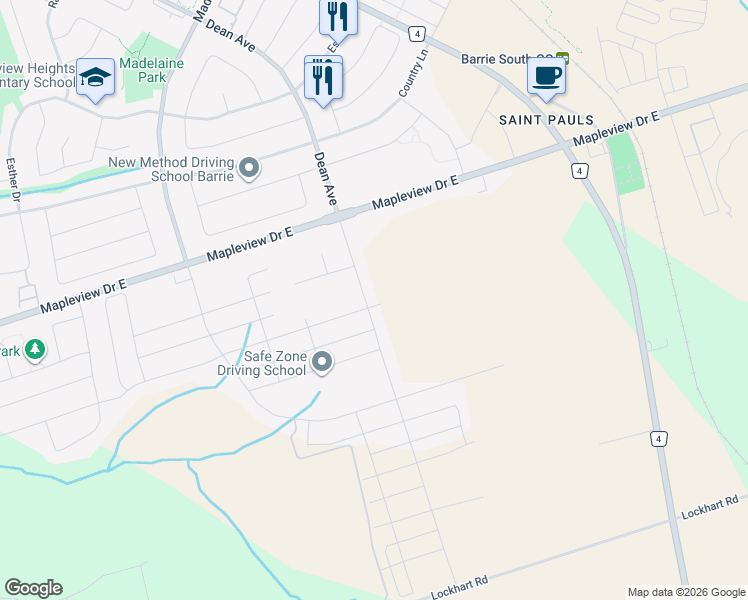 map of restaurants, bars, coffee shops, grocery stores, and more near 73 Greer Street in Barrie