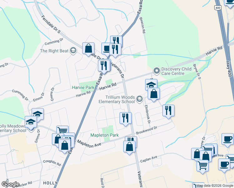 map of restaurants, bars, coffee shops, grocery stores, and more near Southwoods Crescent in Barrie