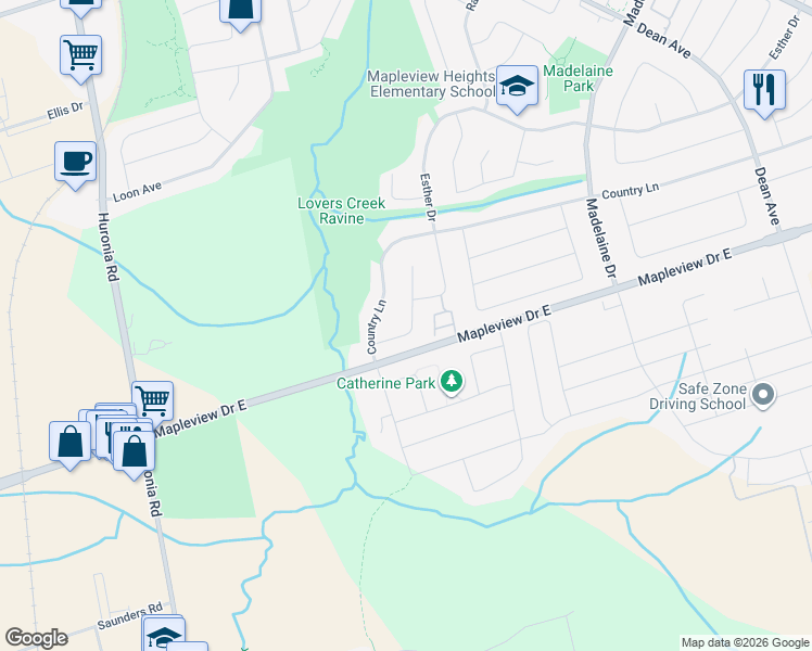 map of restaurants, bars, coffee shops, grocery stores, and more near 22 Heritage Court in Barrie
