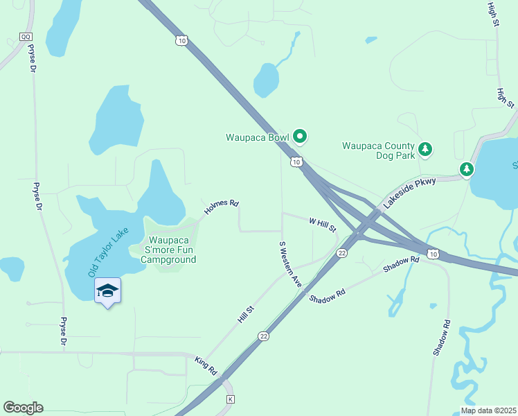 map of restaurants, bars, coffee shops, grocery stores, and more near E2438 Holmes Road in Waupaca