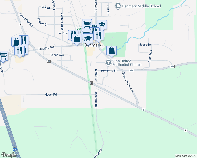 map of restaurants, bars, coffee shops, grocery stores, and more near 410 South Wall Street in Denmark