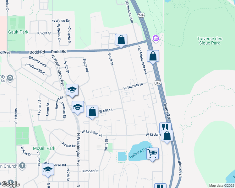 map of restaurants, bars, coffee shops, grocery stores, and more near 319 West Nichols Street in Saint Peter