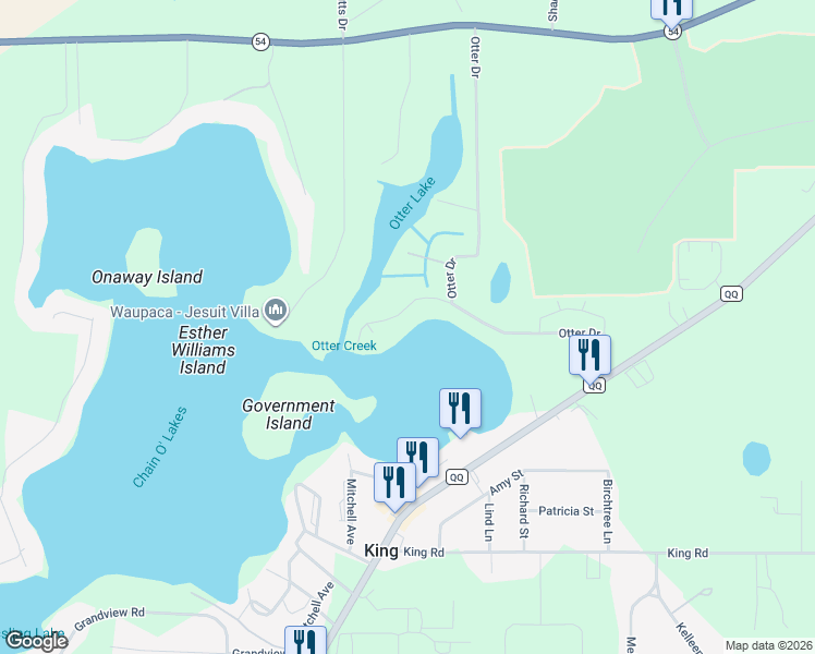 map of restaurants, bars, coffee shops, grocery stores, and more near E1763 Pine Ridge Lane in Waupaca