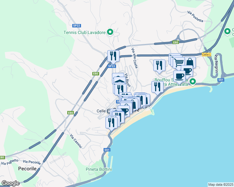 map of restaurants, bars, coffee shops, grocery stores, and more near 4 Via Torre in Celle Ligure-pecorile