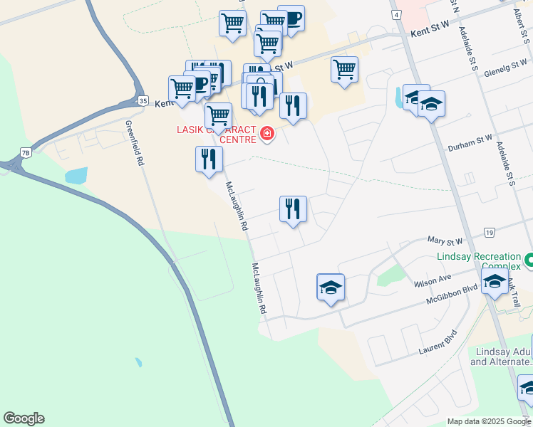 map of restaurants, bars, coffee shops, grocery stores, and more near Denfield Road in Lindsay