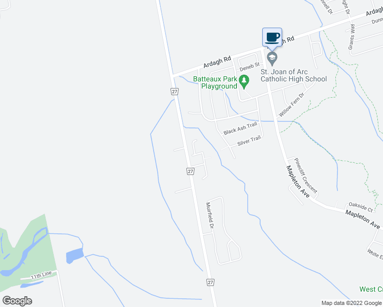 map of restaurants, bars, coffee shops, grocery stores, and more near 11 Crew Court in Barrie