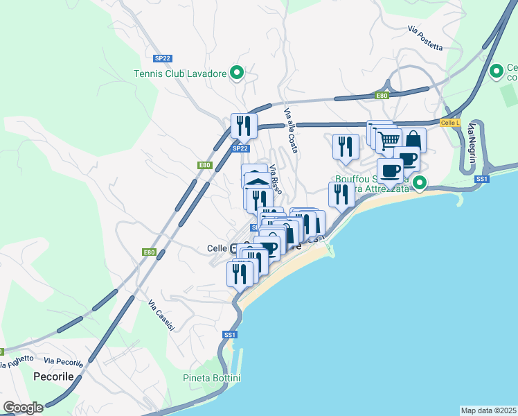 map of restaurants, bars, coffee shops, grocery stores, and more near 4 Via Torre in Celle Ligure
