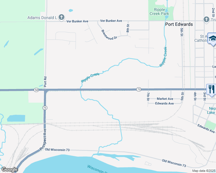map of restaurants, bars, coffee shops, grocery stores, and more near 910 Letendre Avenue in Port Edwards