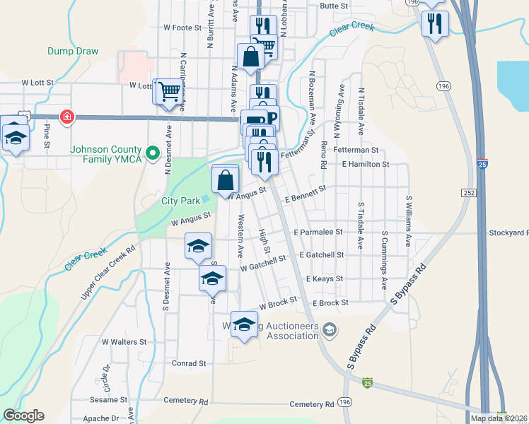 map of restaurants, bars, coffee shops, grocery stores, and more near 200-210 Insterstate 25 Business in Buffalo