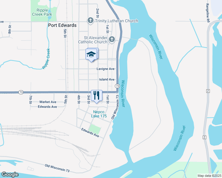 map of restaurants, bars, coffee shops, grocery stores, and more near 110 Letendre Avenue in Port Edwards