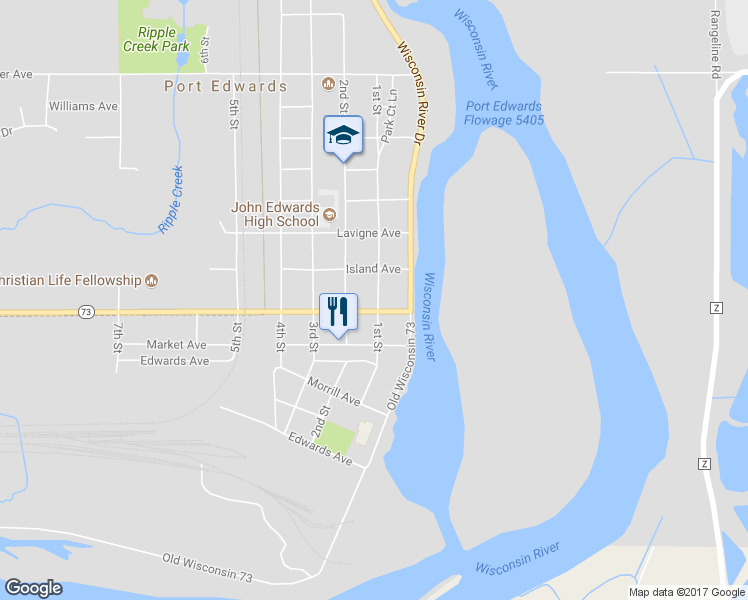 map of restaurants, bars, coffee shops, grocery stores, and more near 110 Letendre Avenue in Port Edwards