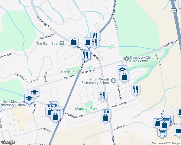 map of restaurants, bars, coffee shops, grocery stores, and more near 229 Harvie Road in Barrie