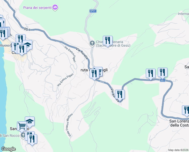 map of restaurants, bars, coffee shops, grocery stores, and more near 206 Strada Statale 1 in Ruta