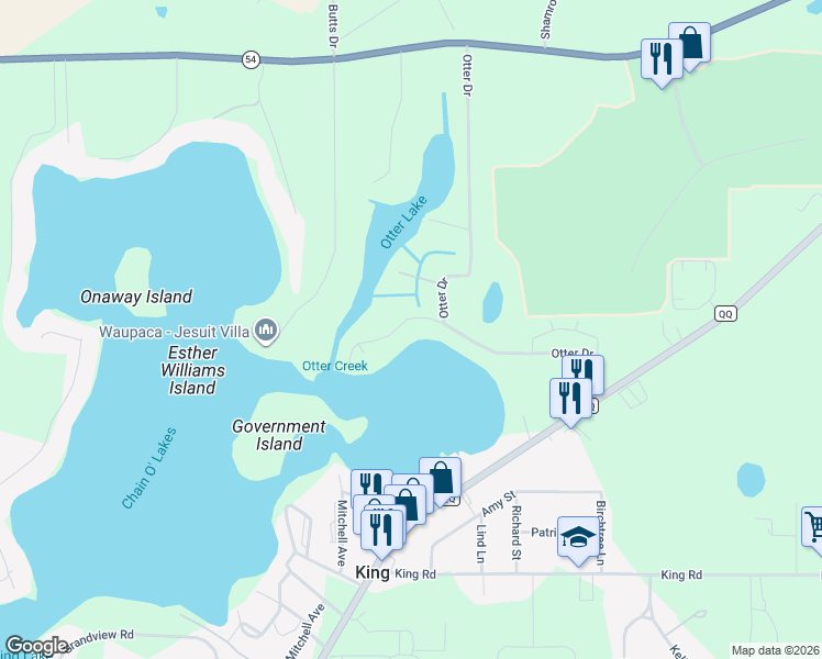 map of restaurants, bars, coffee shops, grocery stores, and more near E1763 Pine Ridge Lane in Waupaca